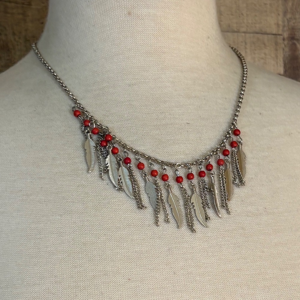 Silver Tone Boho Feather Fringe Necklace with Red Beads and Chain Drops